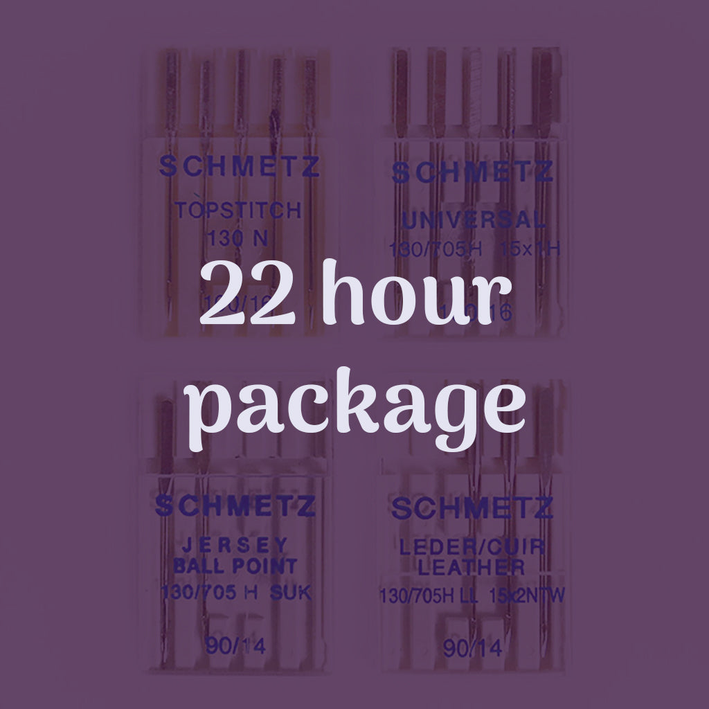 22 hours of in-home private sewing lessons, on your schedule and at your own pace.