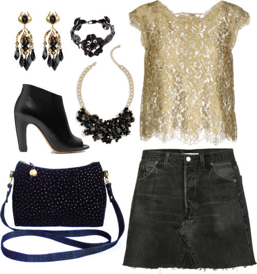 outfit idea for the calliope crossbody bag, featuring a mini skirt, lacy top, and black and gold jewelry