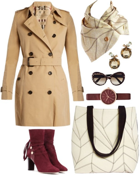 outfit idea for the cassandra scarf: a classic trench coat, the cassandra 517 tote, and red suede boots.