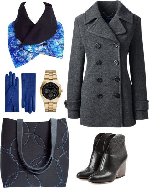 outfit idea for the fizgerald scarf: gray pea coat, black boots, royal blue gloves, and the sofia 17 tote