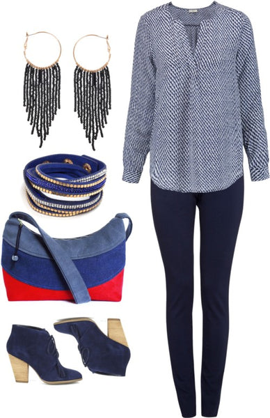 outfit idea for the holland everyday bag, featuring leggings, a chambray top, and lapiz and gold jewelry 