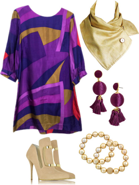 the maya button scarf with a graphic shift dress in purple and gold, gold heels, and purple and gold jewelry