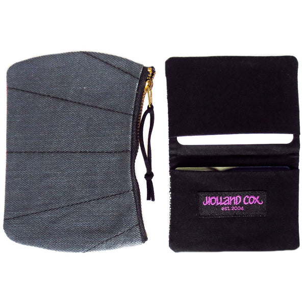 the simone mini pouch shown with an open 19th st wallet, which itself can fit several business cards and credit cards