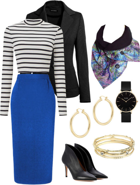 the natalie scarf with a royal blue skirt, black and white striped top, and a black blazer
