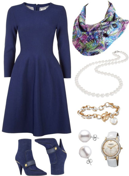 the natalie scarf with a navy dress, pearl jewelry, and navy suede boots