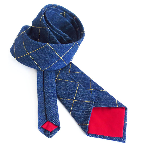 handmade denim necktie with red tips