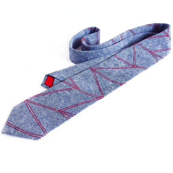 chevron wave design stitched into blue essex linen on handmade necktie