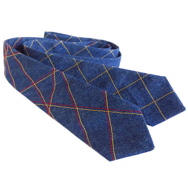 a pair of denim neckties with stitched details, handmade from Holland Cox