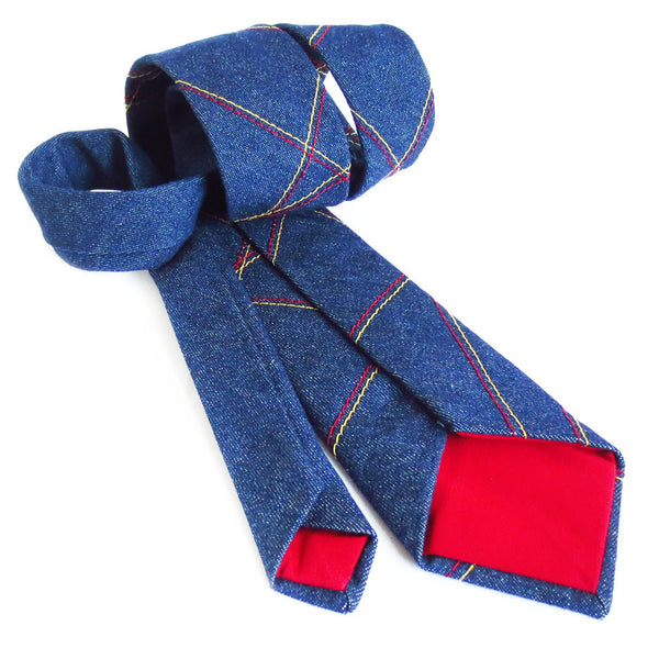 denim necktie with red cotton tips