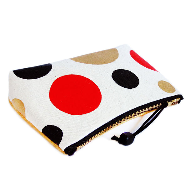 hand painted polka dots zip pouch closes with 7" zipper