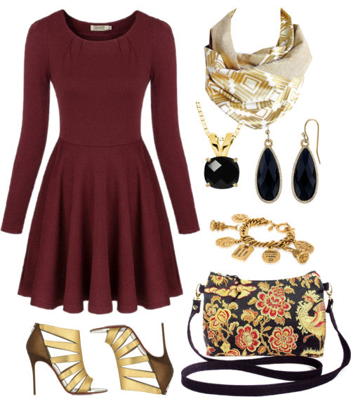 outfit idea for the phoenix crossbody bag, featuring a long sleeved dress, gold booties, and the naomi button scarf from Holland Cox