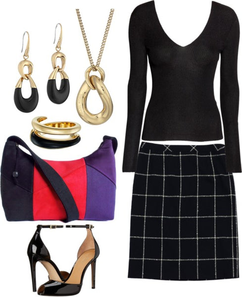 outfit idea for the trinity everyday bag: wear it to work with your best black skirt and top and gold jewelry.