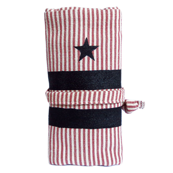fabric watch roll in red and white ticking with black lining