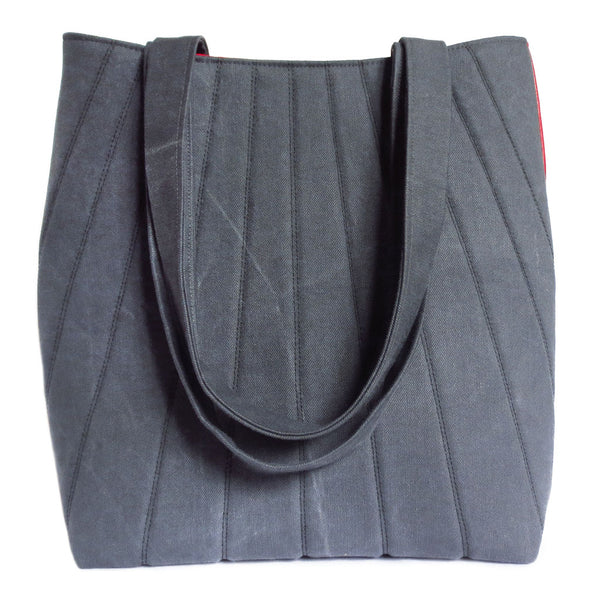 the simone 517 tote from Holland Cox - gray denim and red vinyl