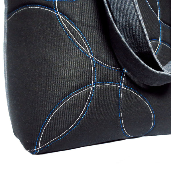 detail of the quilted overlapping circles in blue and gray stitching on black denim