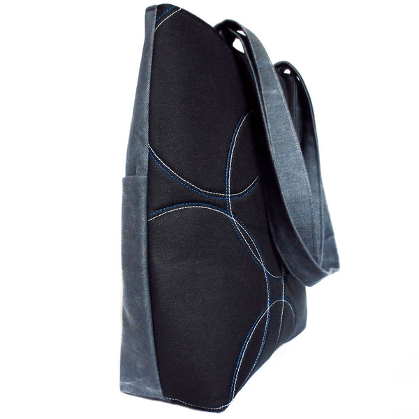 side view of the sofia 517 tote, showing both black and gray fabrics