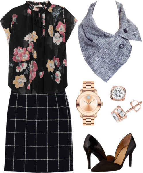 wear the aida scarf to the office, with a floral blouse and a black and white skirt