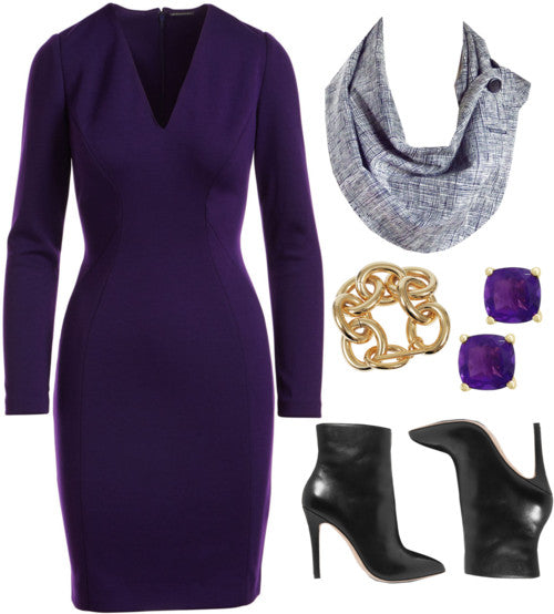 the aida button scarf with a dark purple long sleeved dress, black boots, and gold jewelry