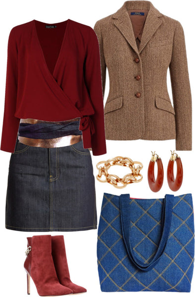 the jezebel wrap belt with a denim skirt, burgundy blouse, tweed blazer, and a Holland Cox tote bag