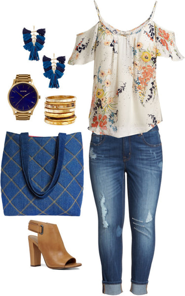 the anjelica tote with distressed jeans and a floral cold-shoulder blouse