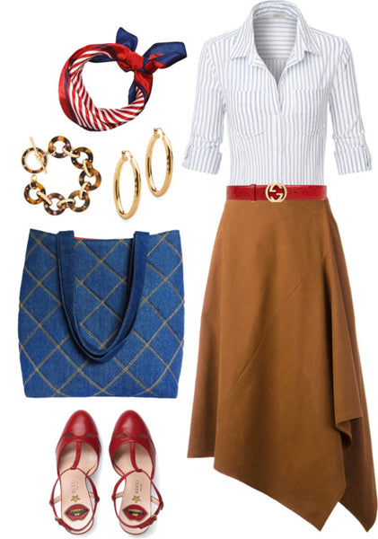 outfit idea for the anjelica 517 tote featuring a suede skirt, striped blouse, and gold jewelry