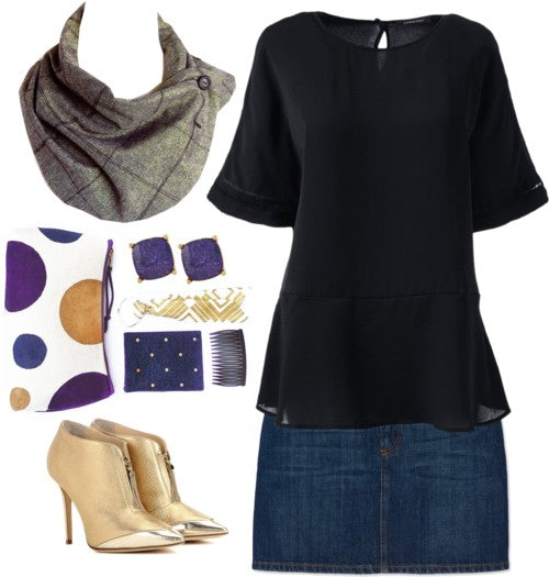 the anjelica button scarf with a denim skirt, black top, gold heels, and purple accessories