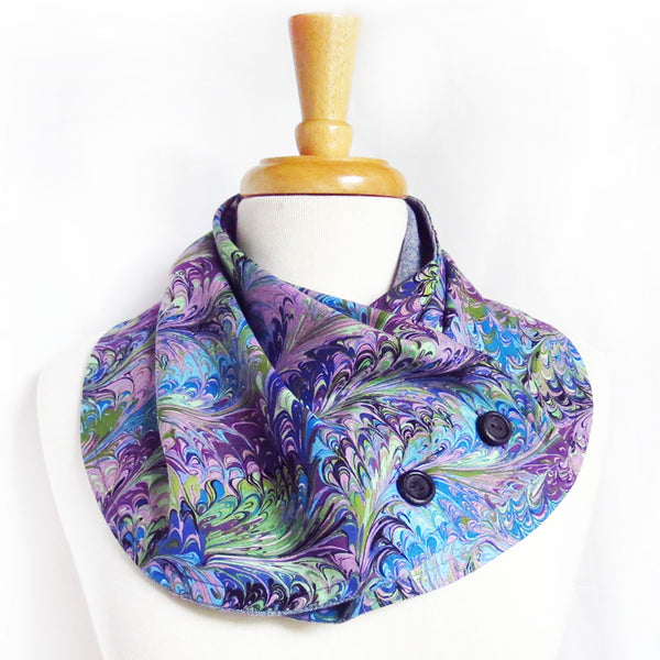 the natalie autumn button scarf, purple book marble print with two hand painted buttons in black