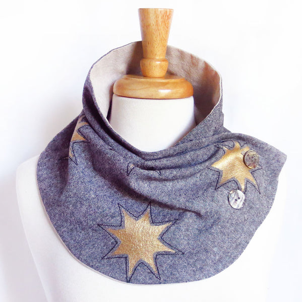fabric button scarf with gold stars painted on black essex linen, from Holland Cox