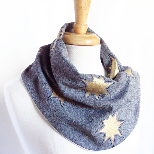 fabric button scarf with gold stars painted on black essex linen