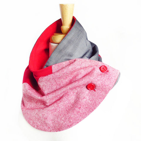 Modern patchwork fabric button scarf in red and gray. Lined in red cotton flannel with two hand painted buttons in red. 