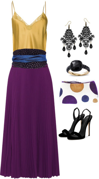 the calliope belt with a long purple chiffon skirt and a silky gold tank top