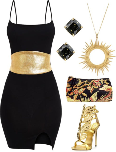 the cassandra wrap belt with a little black dress and gold accessories
