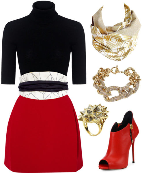 the naomi button scarf with a black turtle neck, red mini skirt, and Holland Cox wrap belt