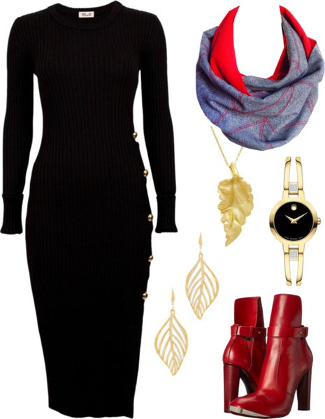 the cassandra infinity scarf with a black dress, gold jewelry, and red boots