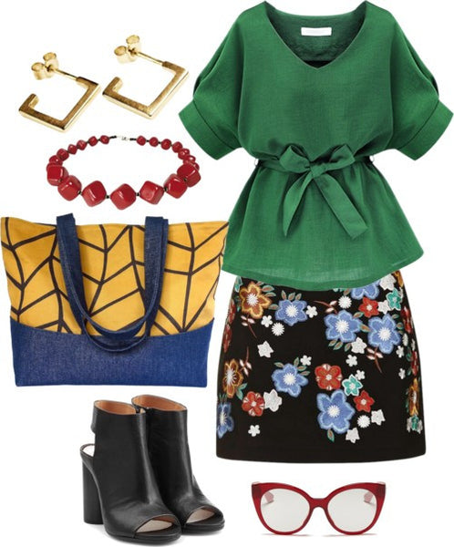 an outfit idea for the cassandra tote bag - an embroidered mini skirt, green top, and black boots