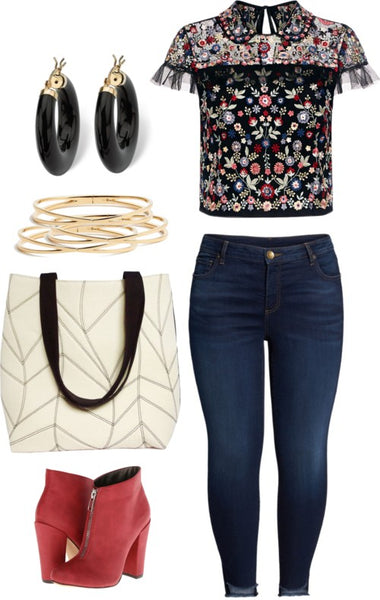 an outfit featuring the cassandra 517 tote, with jeans, an embroidered top, red boots and black and gold jewelry
