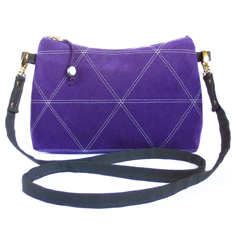 bright purple ultrasuede and dark gray denim crossbody bag