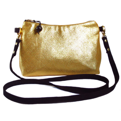 Bright metallic gold leather and black denim crossbody bag.