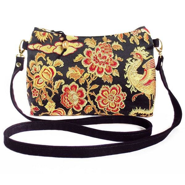 crossbody bag in black, gold, and red satin damask and black denim