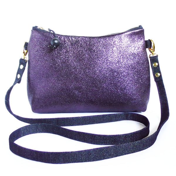 crossbody bag in purple metallic leather and dark blue metallic denim from Holland Cox