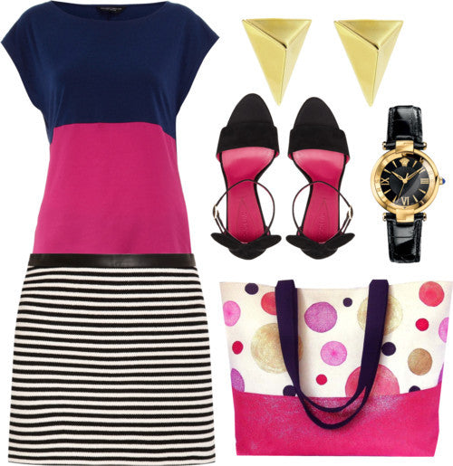 the felicity tote styled with a black and white mini skirt and color blocked blouse, gold jewelry, and black heels