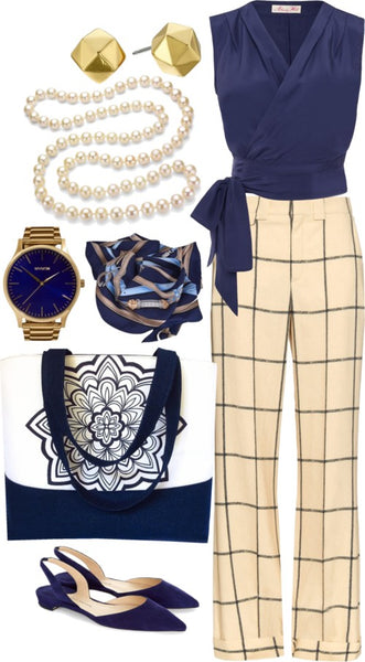 the gloria tote styled with cream windowpane check trousers, a navy blouse, pearl jewelry, and a silk scarf