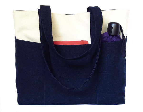back of the gloria tote bag, in dark blue denim and natural canvas