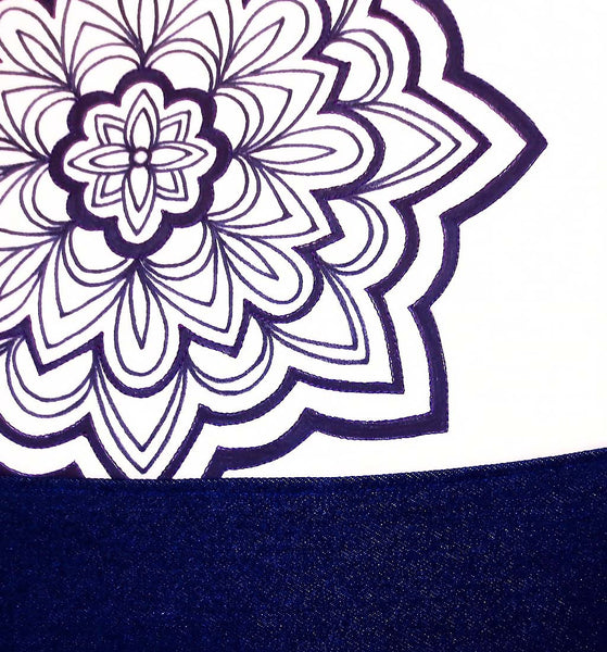 close up of the gloria tote bag from Holland Cox, featuring a hand drawn mandala motif in black ink on fabric