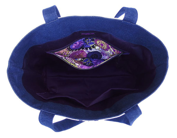 interior of the gloria tote, in purple sateen with three large pockets