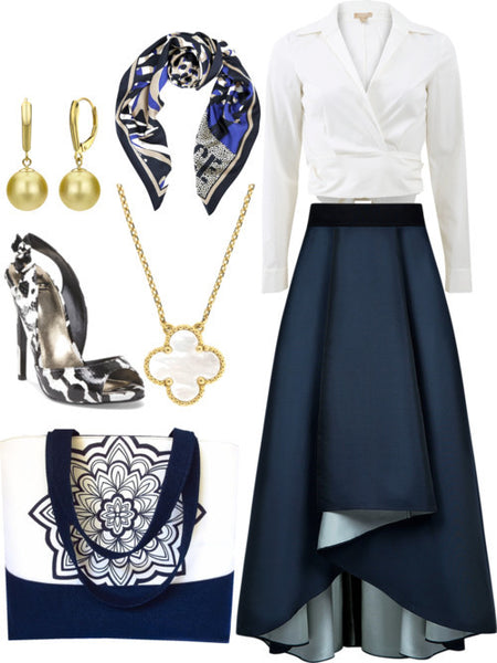 the gloria tote styled for the office, with a navy maxi skirt, white wrap top, and gold jewelry