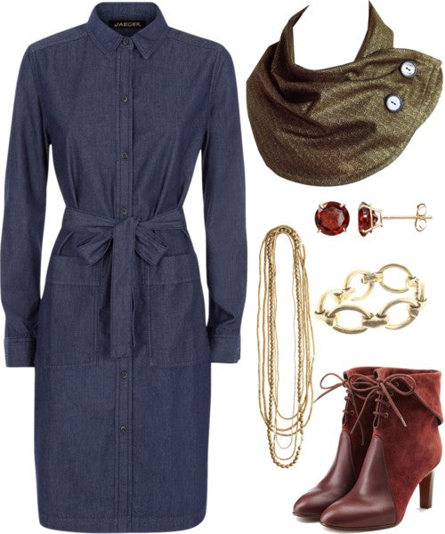 the katherine button scarf with a long sleeve denim dress, gold jewelry, and burgundy suede boots