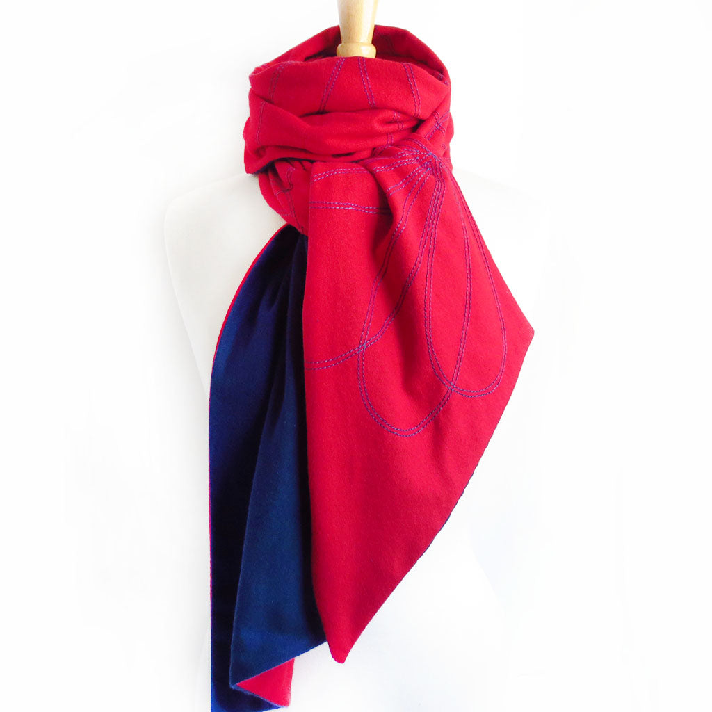red and blue flannel scarf stitched with abstract petal motif