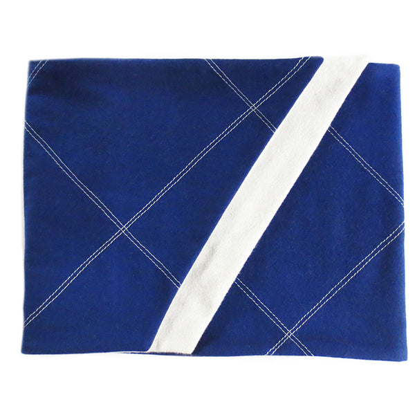 blue and gray men's flannel scarf is folded to show off stitched design and angled edges