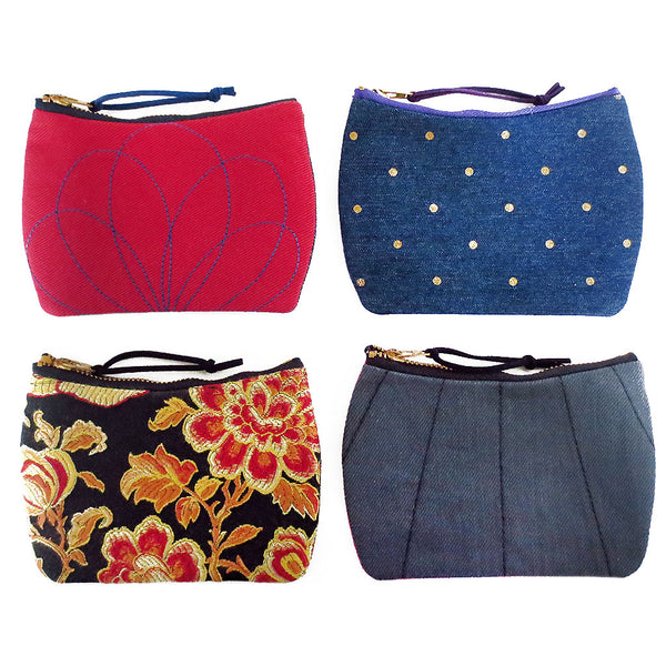 mini zip pouches from Holland Cox in red, polka dot denim, gray denim, and gold and black damask
